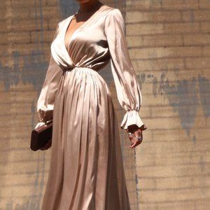 Modest Maxi Dress Champaign Puff Sleeve Maxi SML